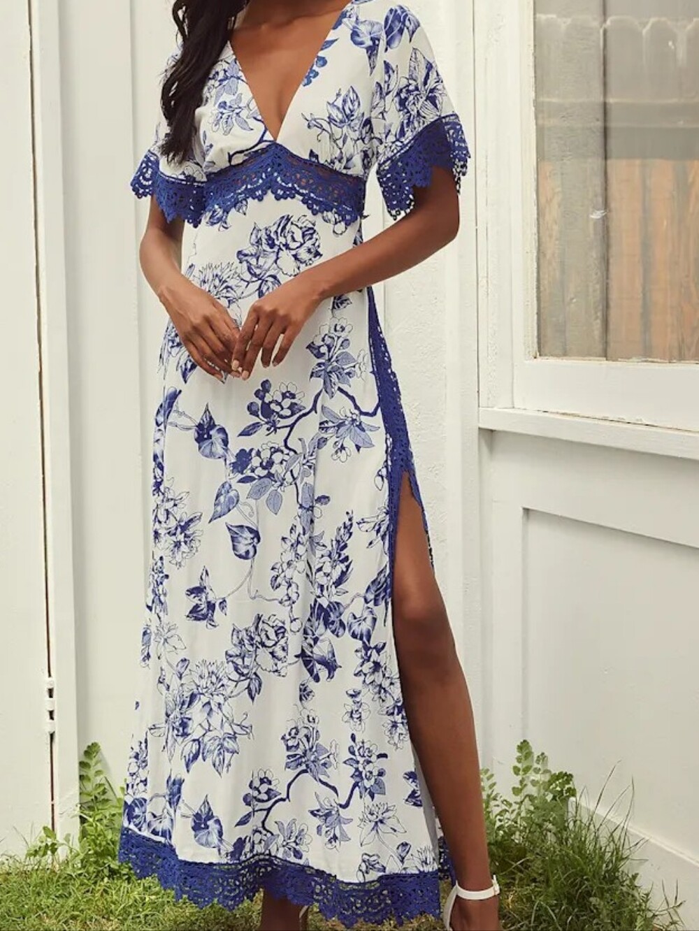 Lulus Sweeten The Occasion Blue Floral Lace Trim Short Sleeve Maxi Dress M